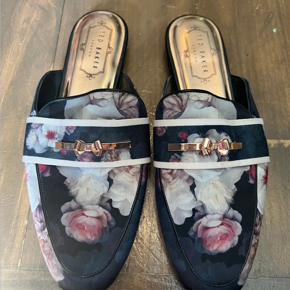 Ted Baker Floral Mules Black Bow Slide Loafers Womens 5 5.5 - Picture 2 of 4